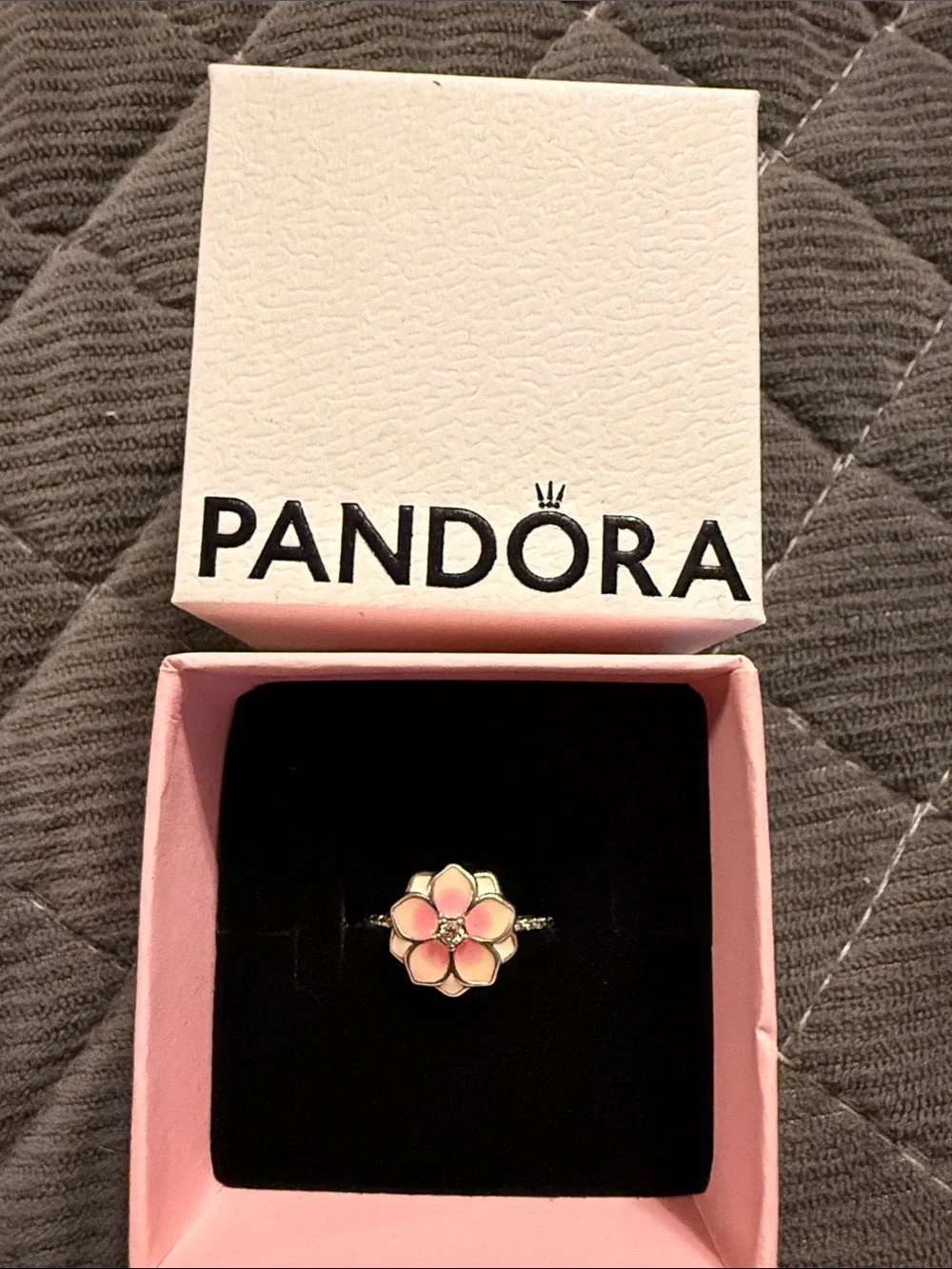 Pandora Pink and White Enamel Flower Ring